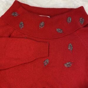 Vintage Soft Red Silk Wool Angora Blend Beaded‎ Leaves Off Shoulder Sweater Sz L